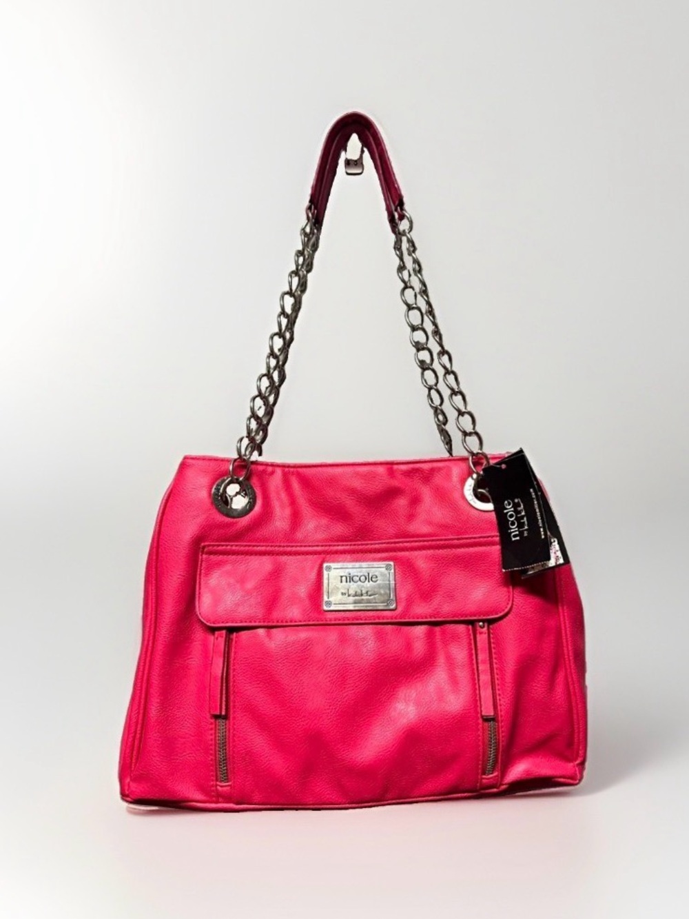 Nicole Miller Hot Pink Faux Leather Shoulder Bag Chrome Chain Accent Purse NWT